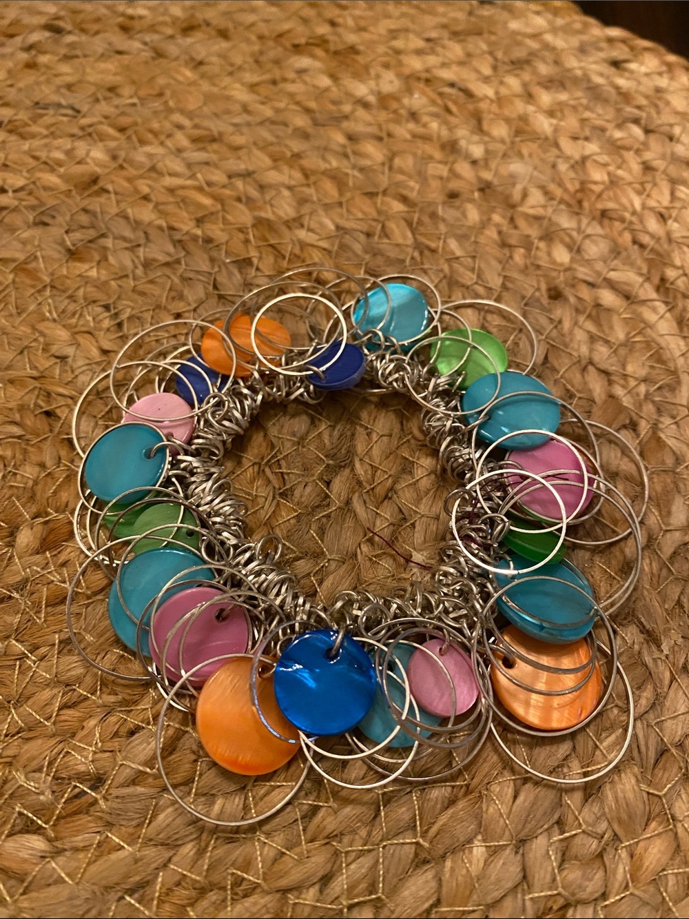 Colorful Multi-Disc Stretchy Women’s Bracelet Silvertone Blue, Pink, Green
